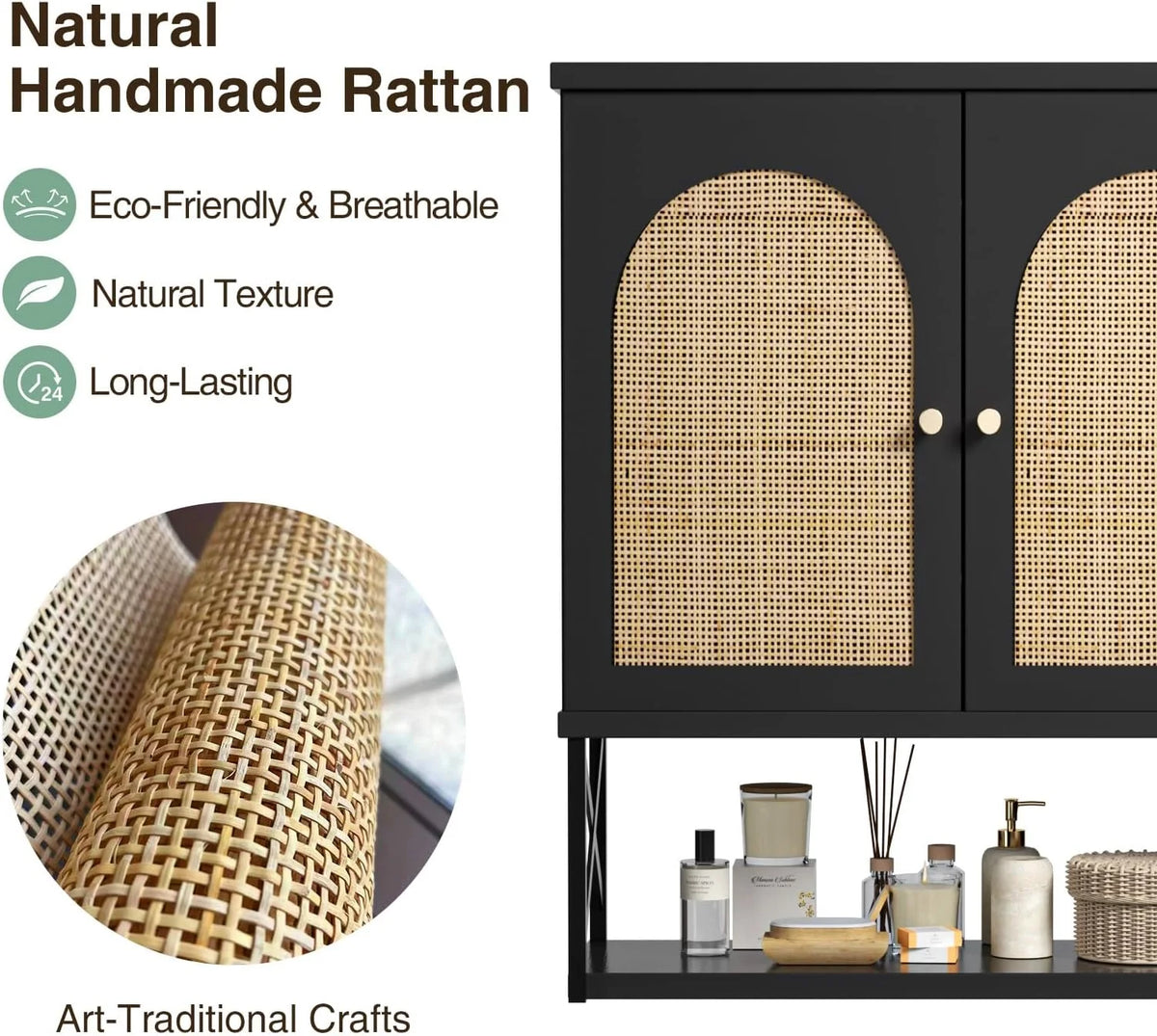 VEANERWOOD Rattan Bathroom Wall Storage Cabinet with Double Doors and Adjustable Shelves, Medicine Wall Storage Cabinet for Kitchen, Toilet, Bathroom