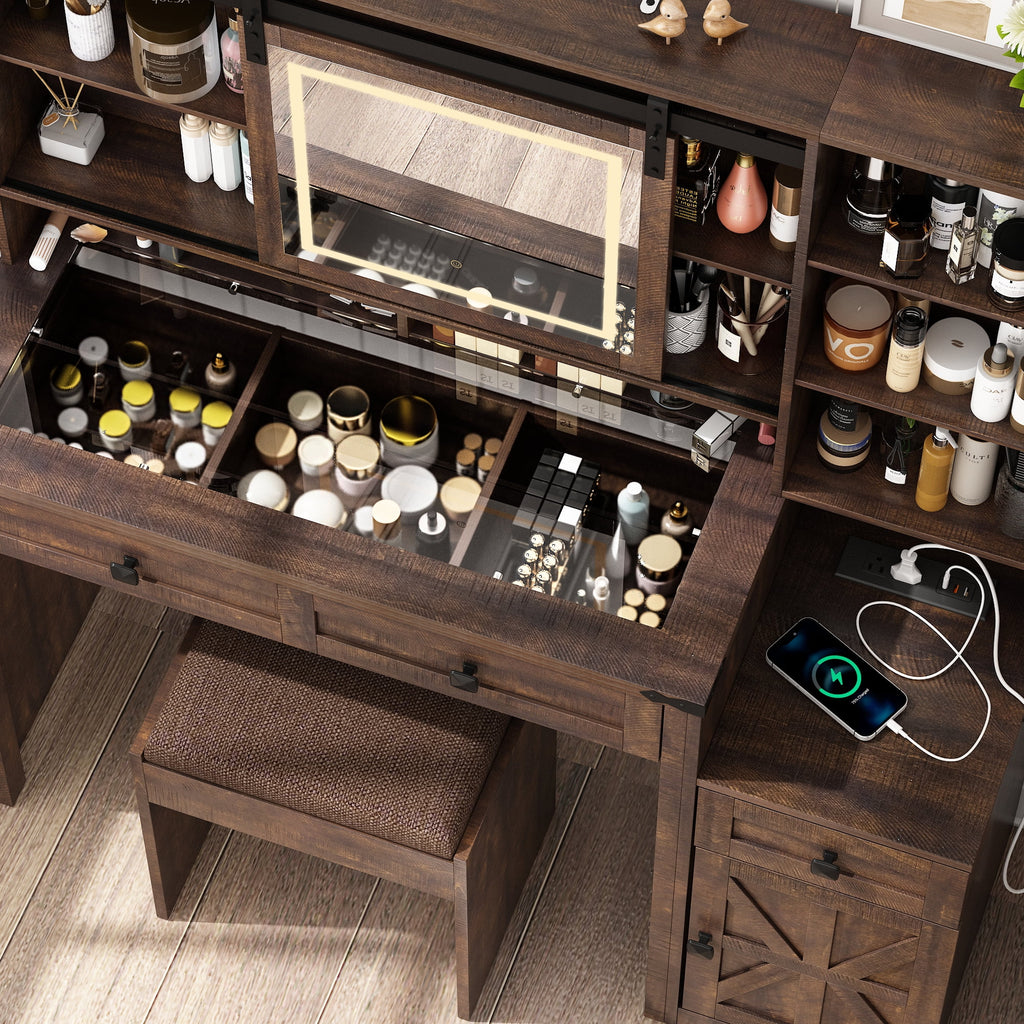 Blotout 47.2" Farmhouse Rustic Makeup Vanity Desk with Sliding Mirror and Lights, Glass Top Vanity Set with Charging Station & 3 Drawers & 1 Cabinet & Stool, Big Vanity (White)