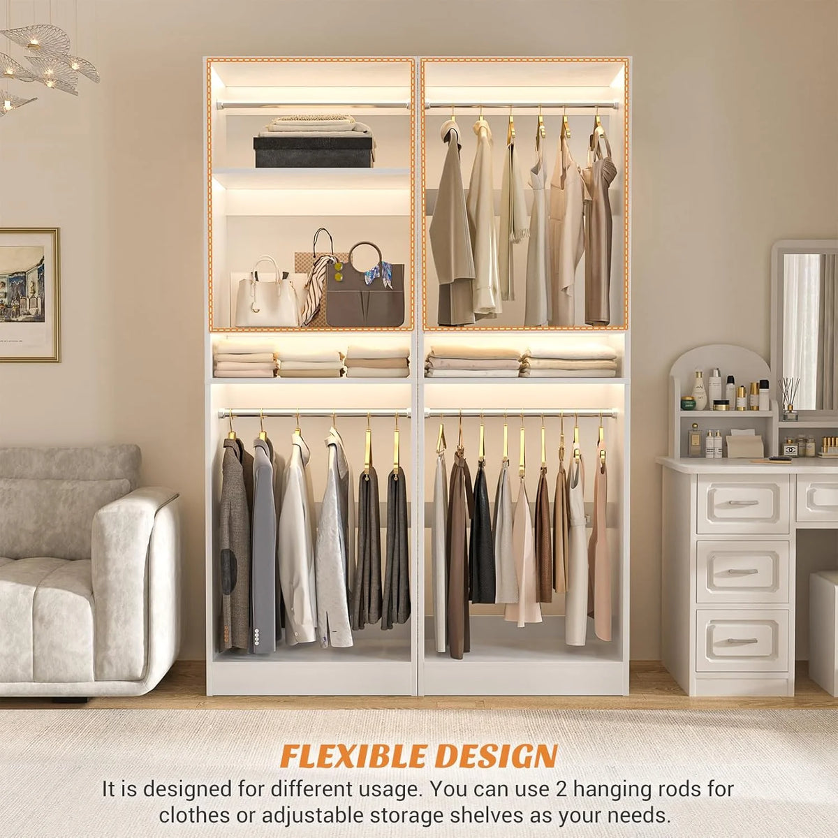 Homieasy 25�?Closet System, Freestanding Closet Organizer Wardrobe with Hanging Rods and Shelves, Adjustable Clothes Garment Rack, Sturdy Walk in Closet Tower, White