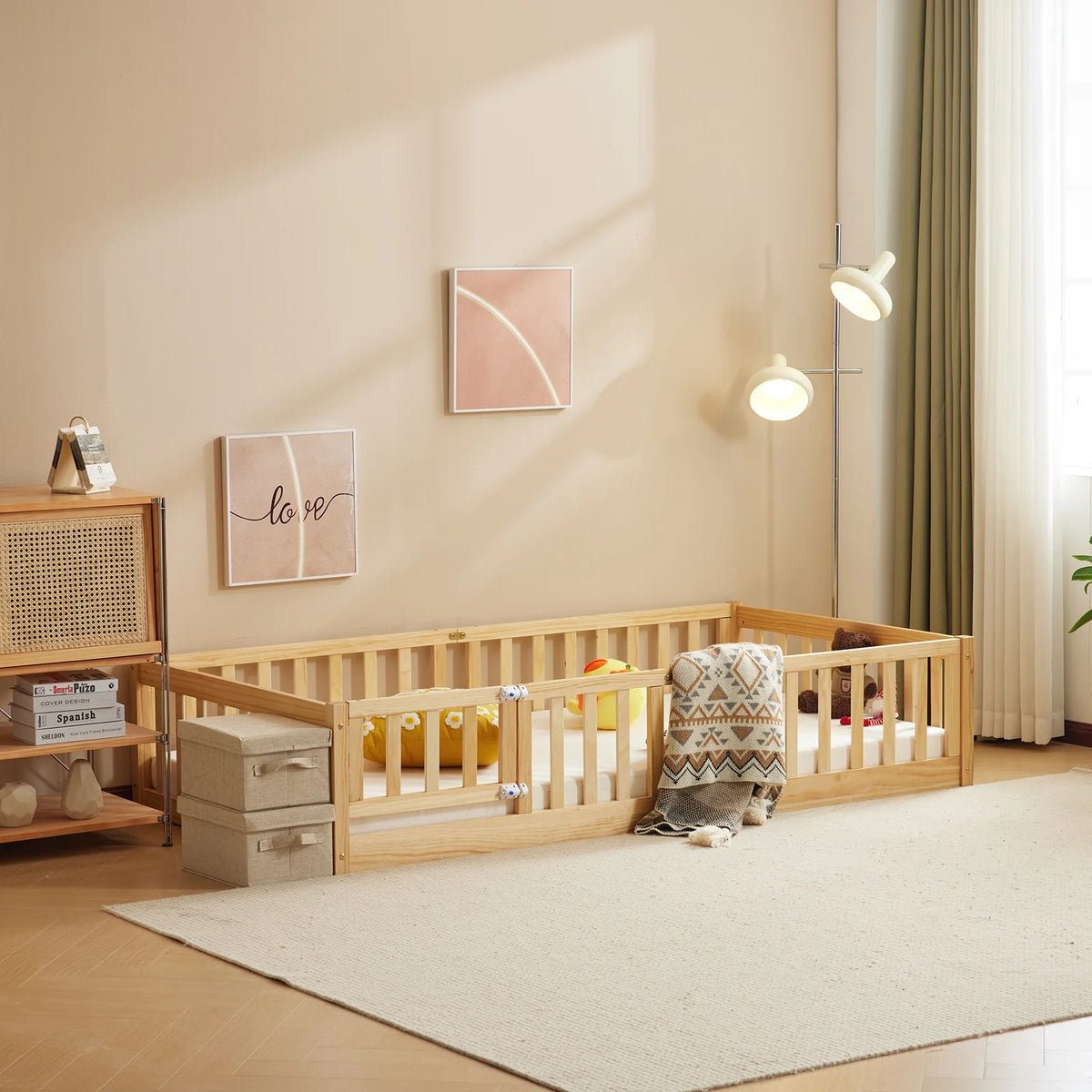 Zimtown Montessori Floor Bed Frame, Full Size Kids Toddler Bed with Fence and Door, Wooden Platform Bed, White