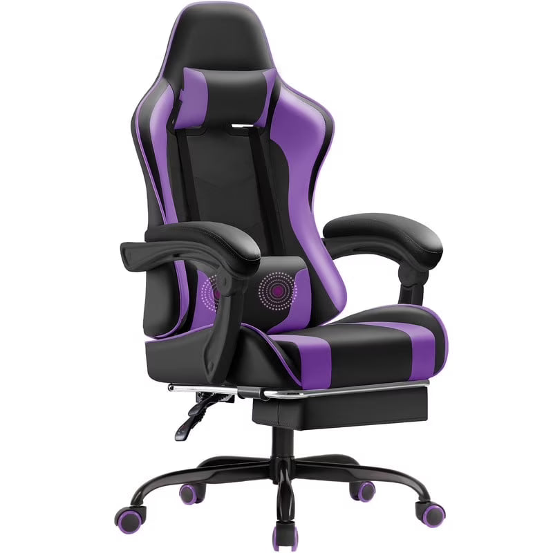 Lacoo PU Leather Gaming Chair Massage Ergonomic Gamer Chair Height Adjustable Computer Chair with Footrest & Lumbar Support, White