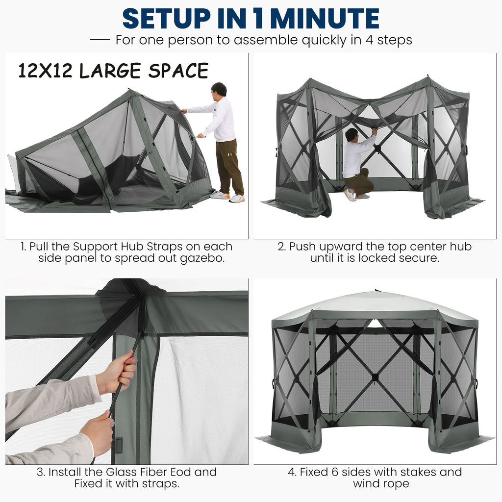 COBIZI 12'x12' Pop-up Gazebo Outdoor Camping Tent with 6 Sides Mosquito Netting, Waterproof, UV Resistant, Portable Screen House Room, Easy Set-up Party Tent with Carry bag, Ground Spike, Brown