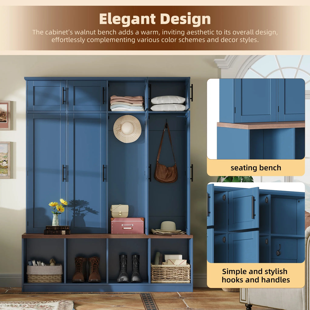 Euroco Entryway Hall Tree with Bench, Shoe Storage, Coat Hooks & Cabinets �C Walnut Finish, Anti-Tip Design, Modern Mudroom Organizer