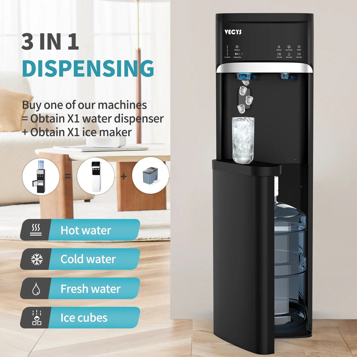 VECYS 5 gal Water Dispenser with Ice Maker, Self-clean & Child Lock