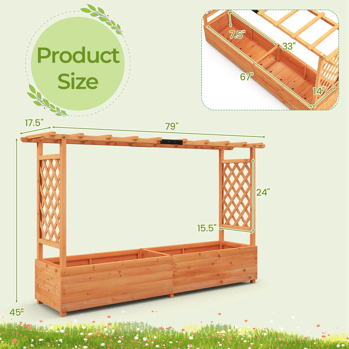 Costway 1 PCS Raised Garden Bed with Trellis Hanging Roof Planter Box Drainage Holes for Patio
