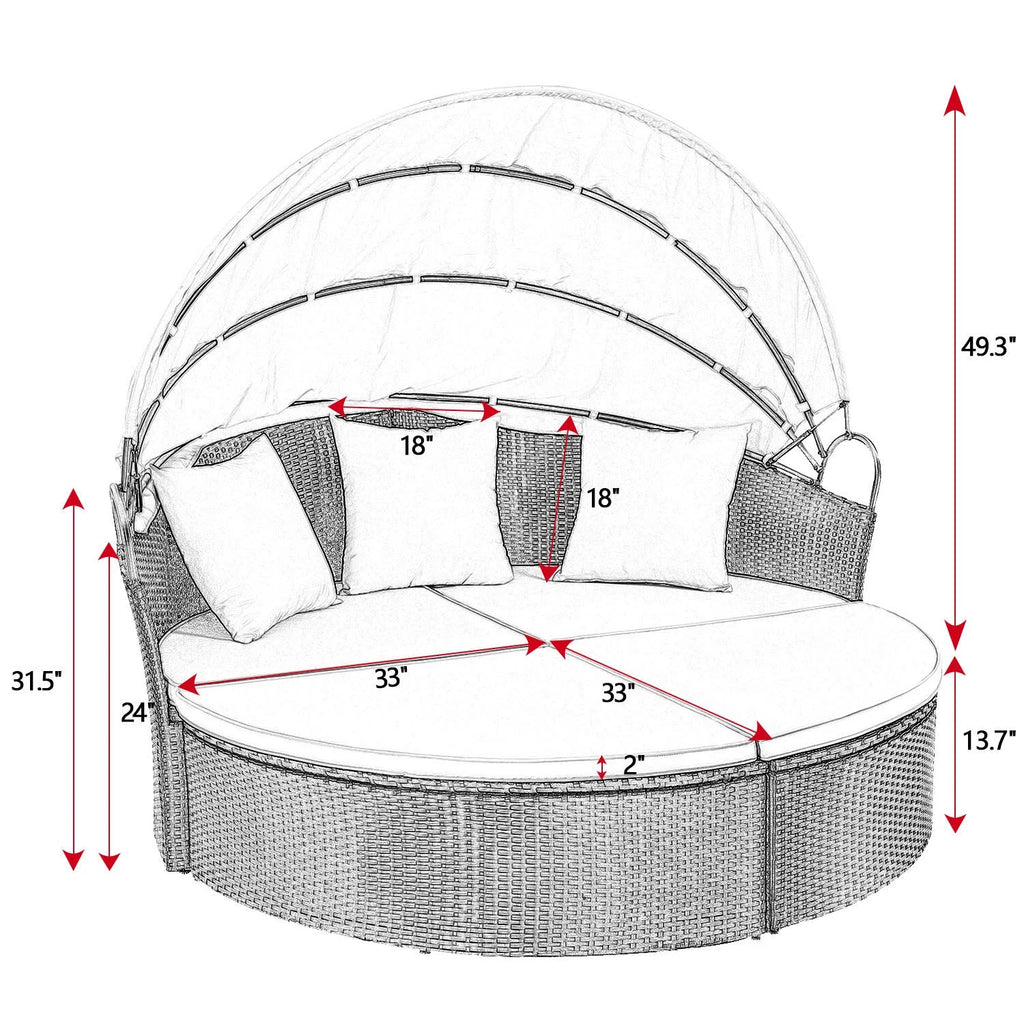Lacoo Outdoor Patio Round Daybed with Retractable Canopy Wicker Furniture Sectional Seating with Washable Cushions for Patio Backyard Porch Pool Daybed Separated Seating (Beige)