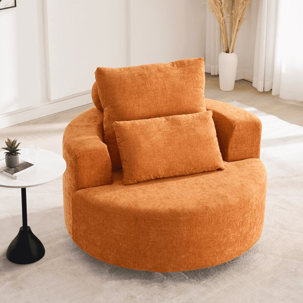 Fumahaus Upholstered Swivel Accent Chair, Oversized Comfy Round Sofa Chair with Two Pillows, Leisure Sofa Chair for Living Room Bedroom, Beige