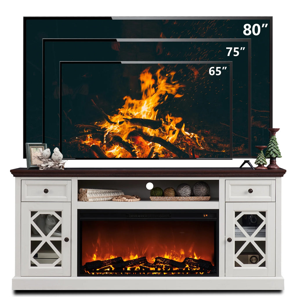 SinCiDo Farmhouse Fireplace TV Stand 75 Inch, Electric Fireplace TV Stand Up to 80 Inch TVs, Entertainment Center with Fireplace for Living Room