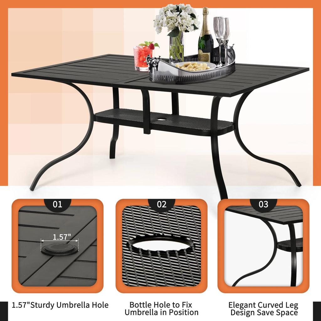 SOLAURA Outdoor Patio Dining Rectangle Metal Table for 6-Person with Umbrella Hole, Black