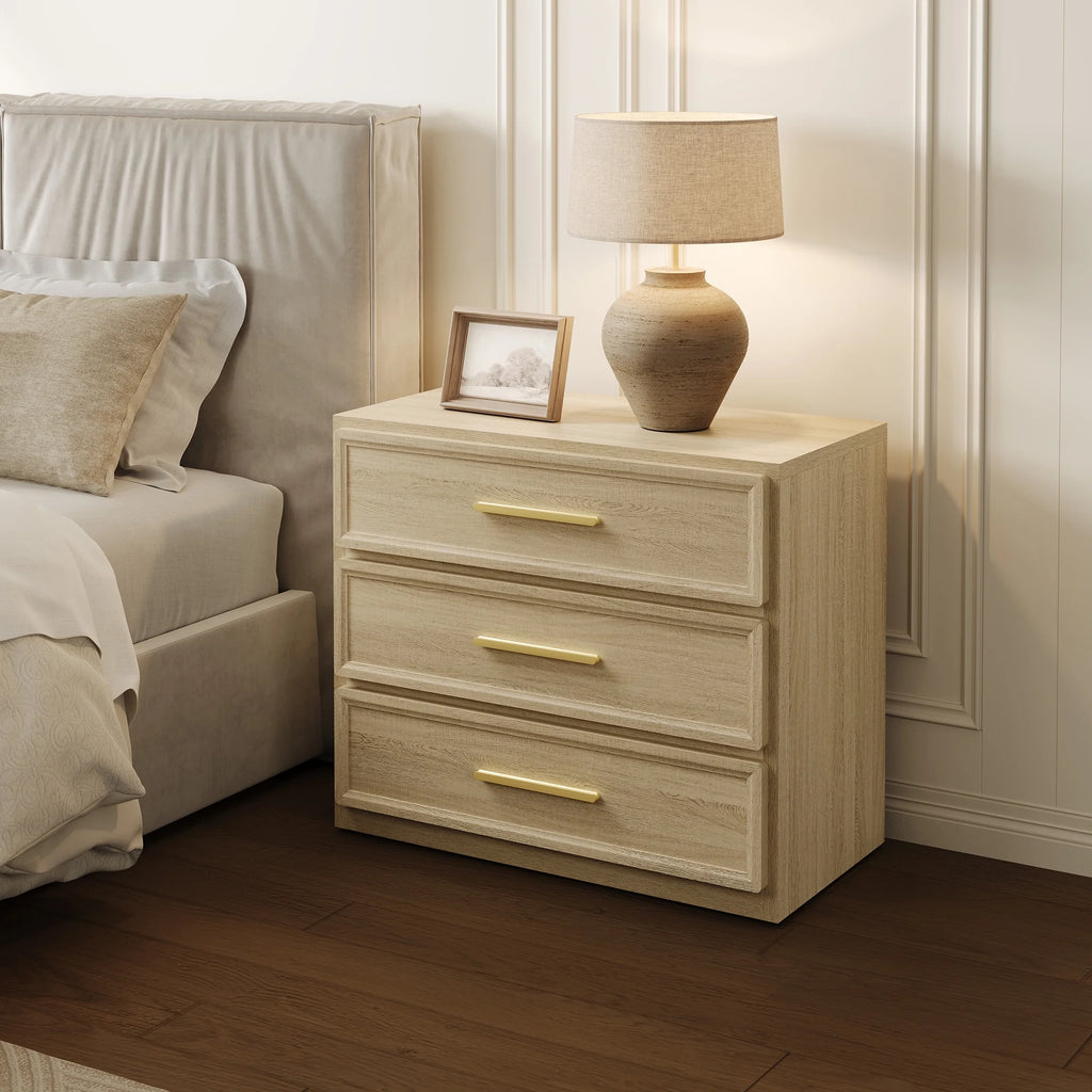 SICOTAS 31.3" W 3-Drawer Nightstand Set of 2 with Oversized Large Storage , Modern Night Stands Bedside Table with Adjustable Feet & Gold Handles for Bedroom Living Room Entryway, Light Oak