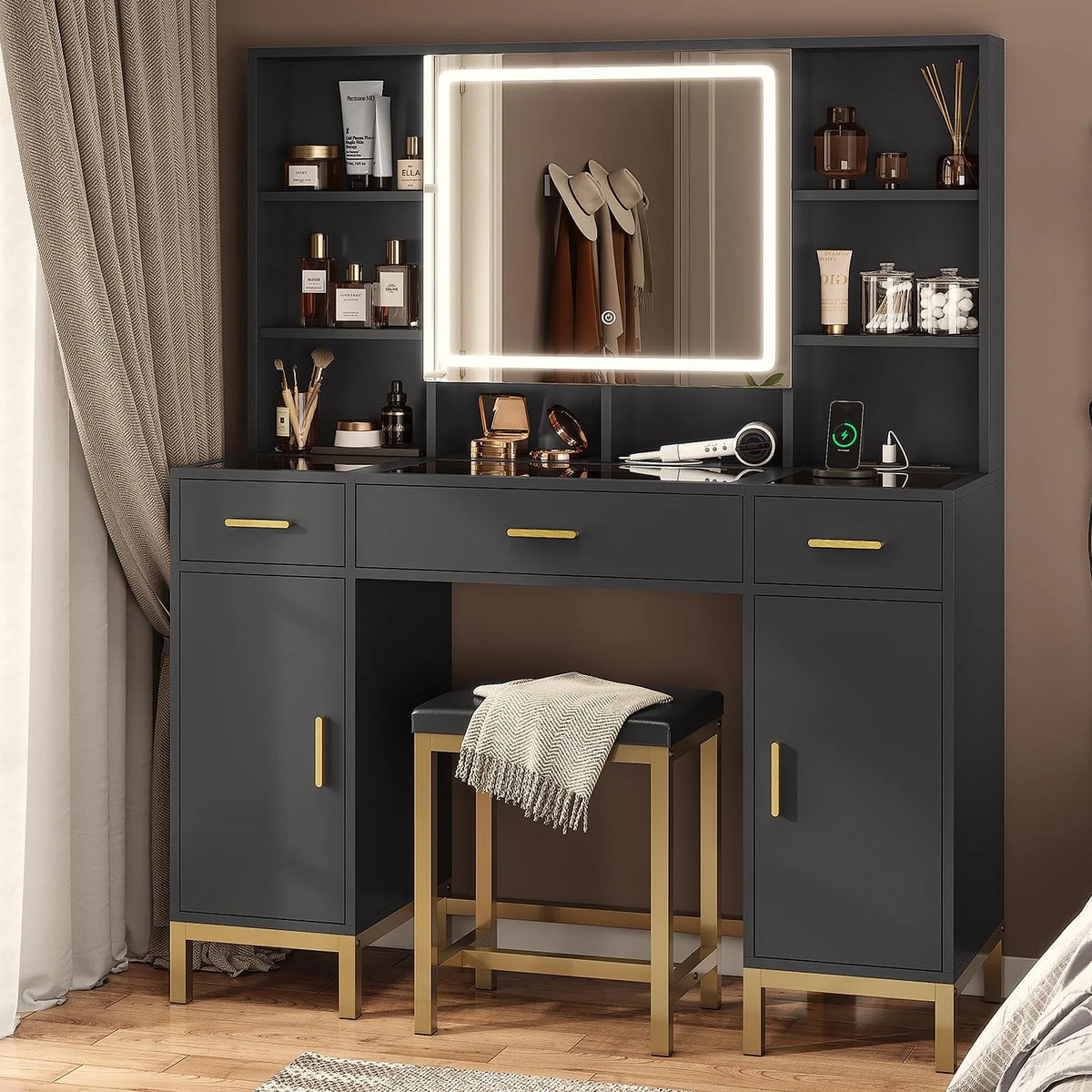 White Vanity Set Desk Table with 10 LED Lights & Charging Station & Sliding Mirror, Modern Makeup Vanity Desk Dressing Table with 5 Drawers for Bedroom, 10 LED Light Bulbs