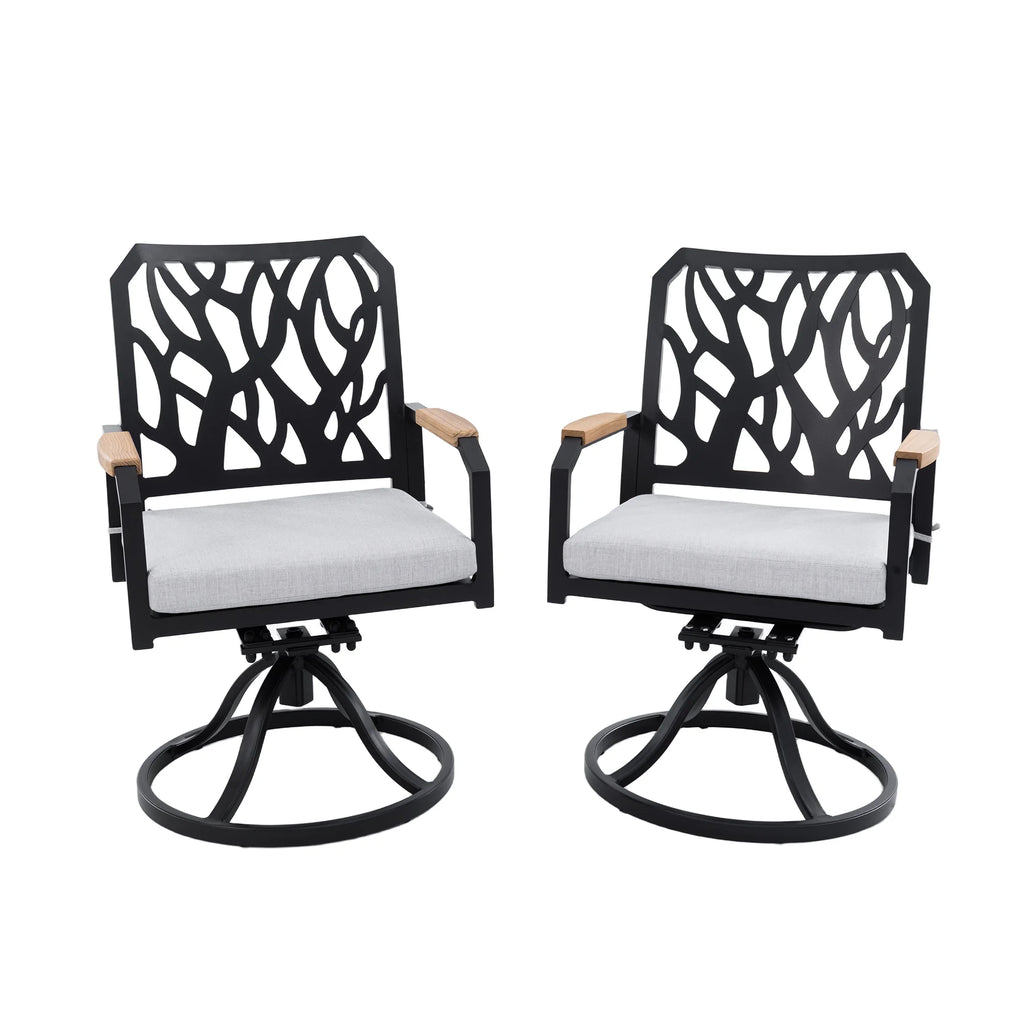 Outdoor Patio K/D Aluminum Stationary Dining Chairs 2PCS with Outdoor-grade Sunbrella Fabric Cushions, Branch-Like Backrest ,FSC-Certified Wood Armrests, Bourbon Brown