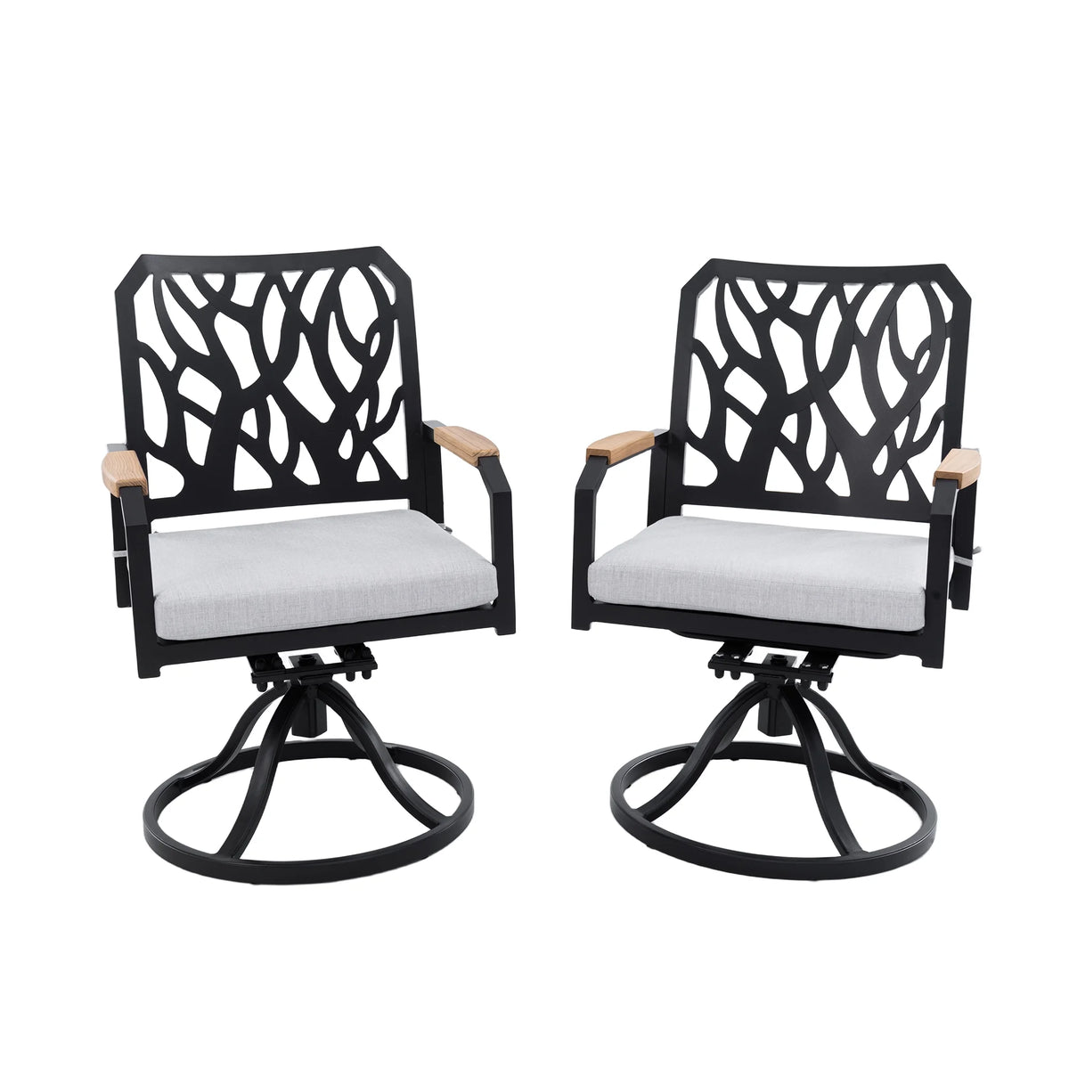 Outdoor Patio K/D Aluminum Stationary Dining Chairs 2PCS with Outdoor-grade Sunbrella Fabric Cushions, Branch-Like Backrest ,FSC-Certified Wood Armrests, Bourbon Brown