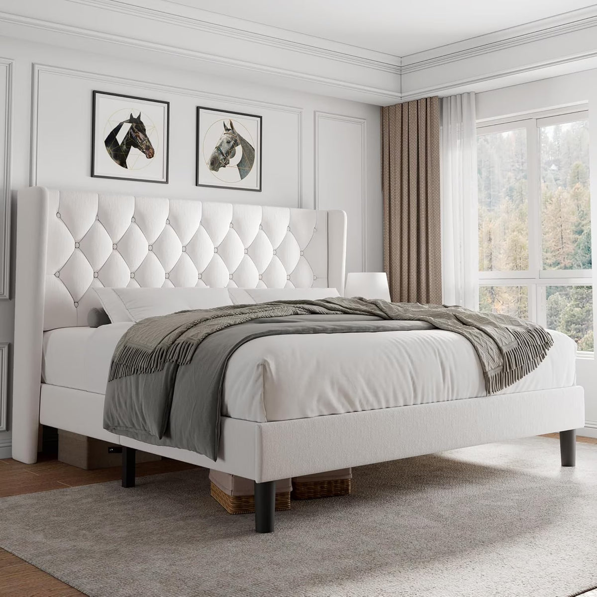 iPormis Full Size Bed Frame with Diamond Button Tufted Wingback Headboard, Upholstered Platform Bed Frame with Strong Wood Slat Support, No Box Spring Needed,Black