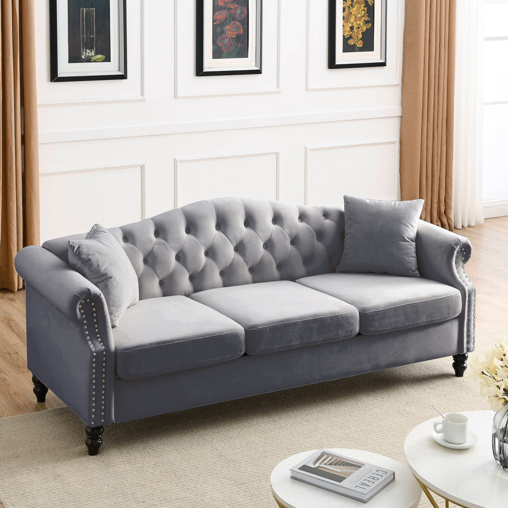 Chesterfield Upholstered Velvet Sofa, 3 Seater Button Tufted Couch with Nailhead Arms for Living Room Bedroom Office Apartment