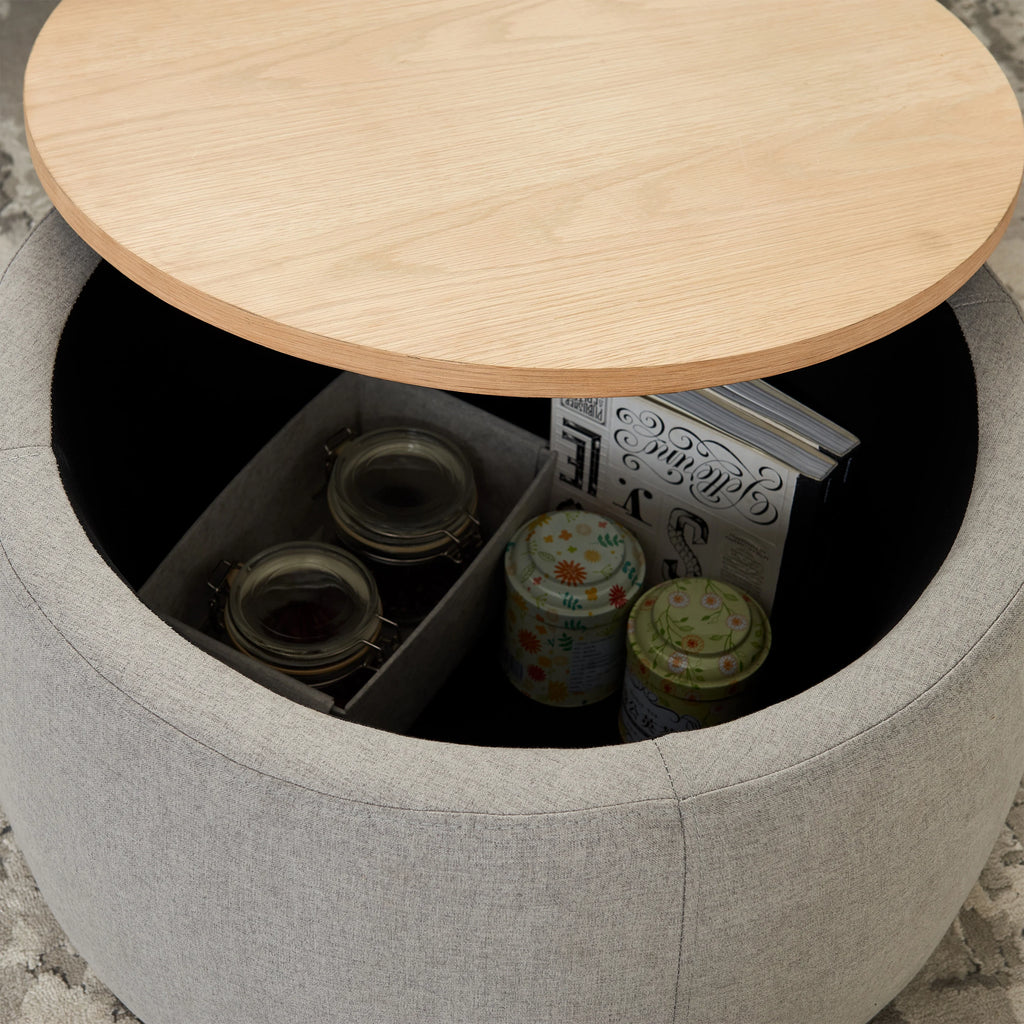 BTMWAYRound Coffee Table, 2 in 1 Round Storage Ottoman with Reversible Lid Tray, Upholstered Round Storage Ottoman Coffee Table with Storage, Footstool End Table for Living Room, Bedroom, Light Gray