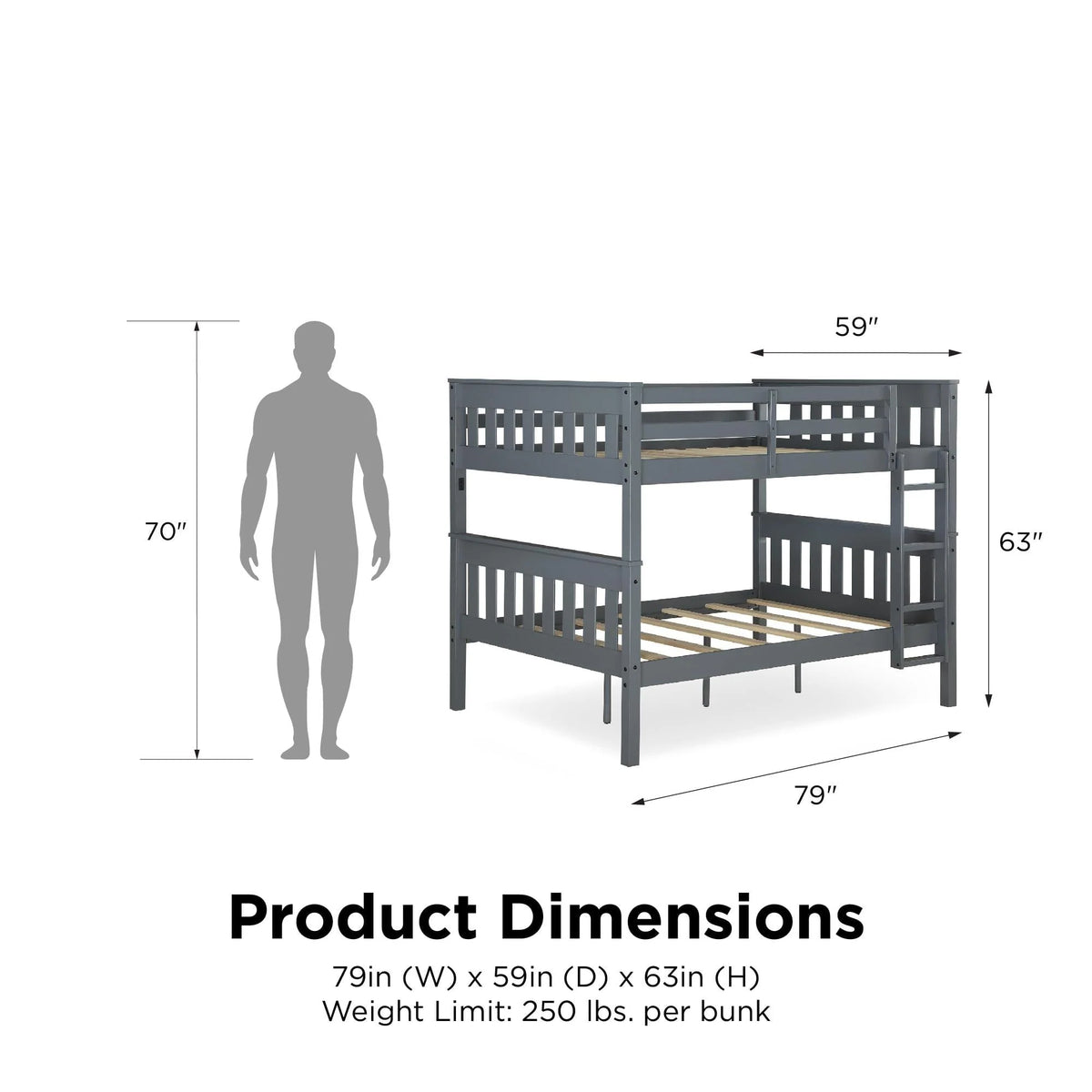 Teen Novogratz Max Full-Over-Full Wood Bunk Bed with USB Port, Gray