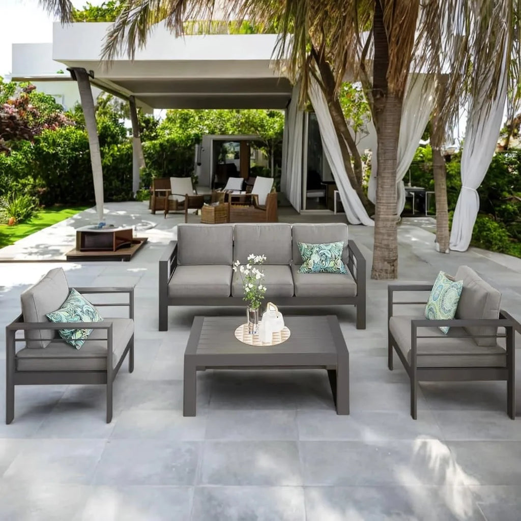 CozyHom 5 Pcs Outdoor Patio Aluminum Furniture Sofa Sets, Outside Patio Conversation Couch Sets With Table&Cushions for Garden Porch, Gray