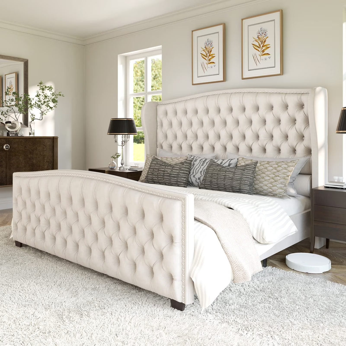 VANACC Queen Size Bed Frame, Velvet Upholstered Bed with Deep Button Tufted Wingback Headboard��Grey