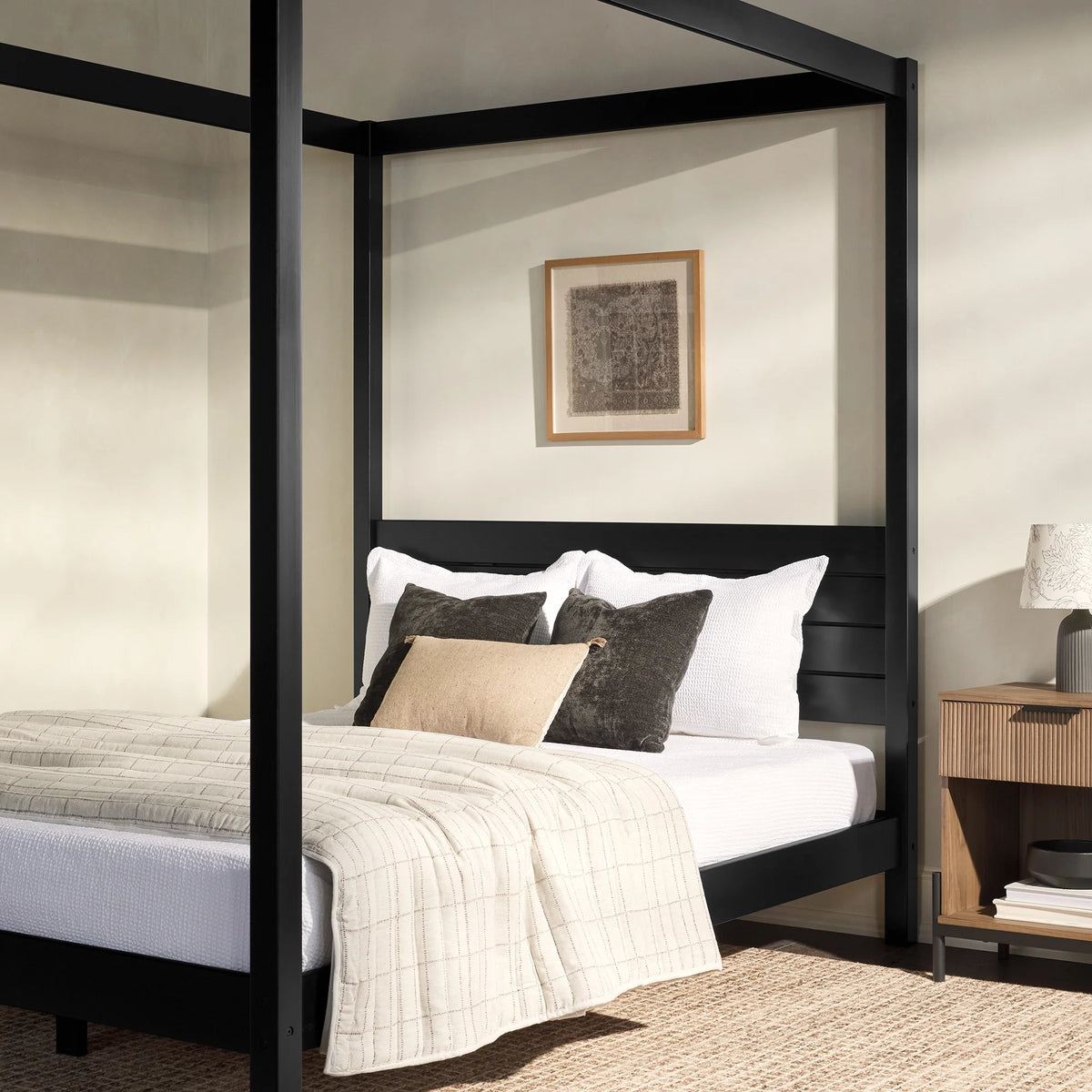 Walker Edison Minimalist Slatted Wood Queen Canopy Bedframe, Natural Pine