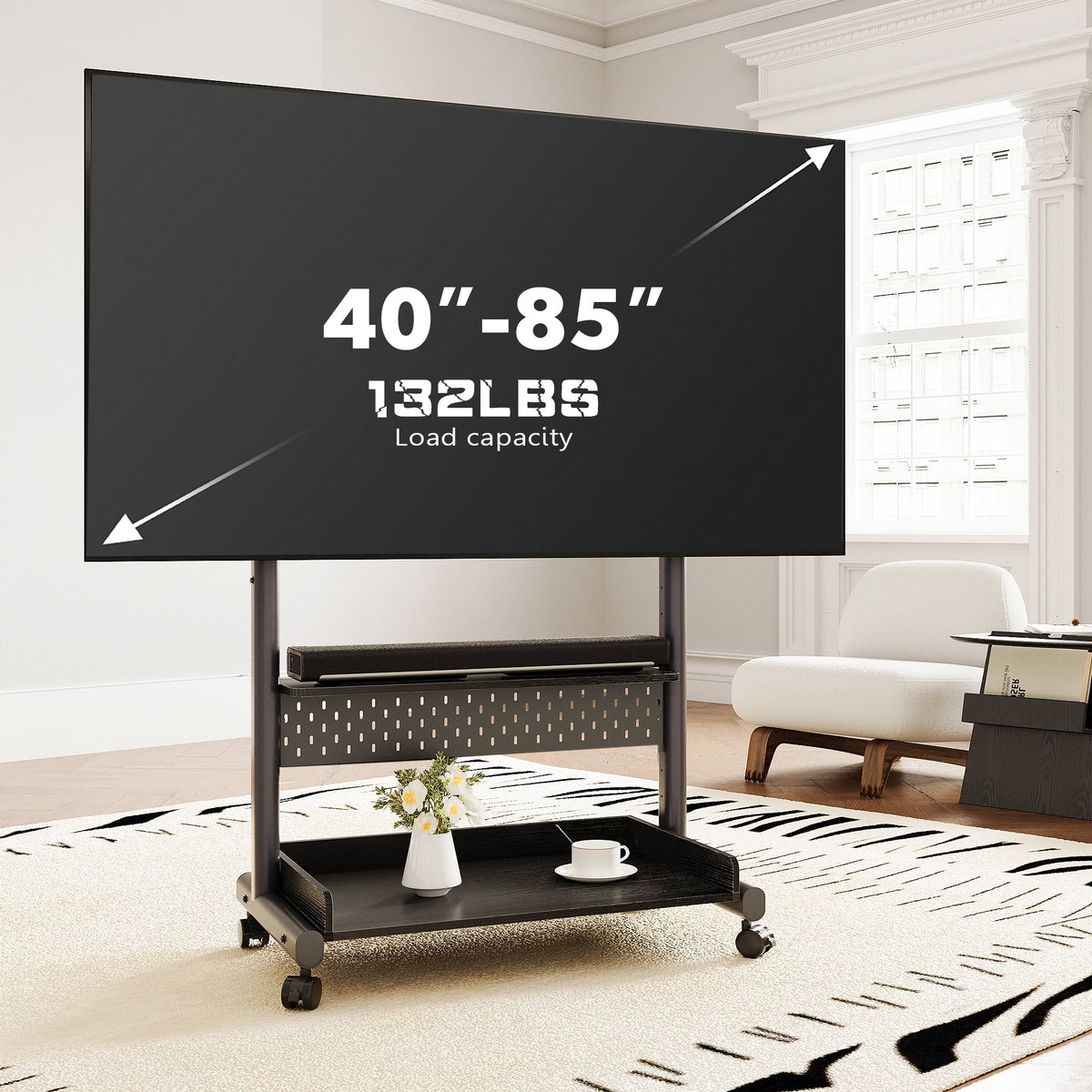 FITUEYES Rolling TV Stand with Wheels for 40-85 inch TVs, Height Adjustable Mobile TV Stand TV cart with Wooden Large Storage,White
