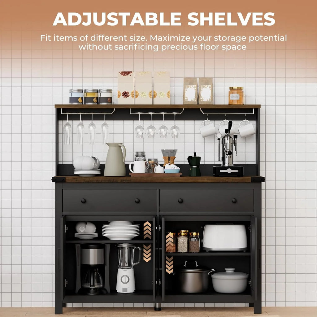 Winkalon Coffee Bar Cabinet with Hutch, 55" W Kitchen Buffet Sideboard Cabinet with 2 Drawers & USB Power Station, Black