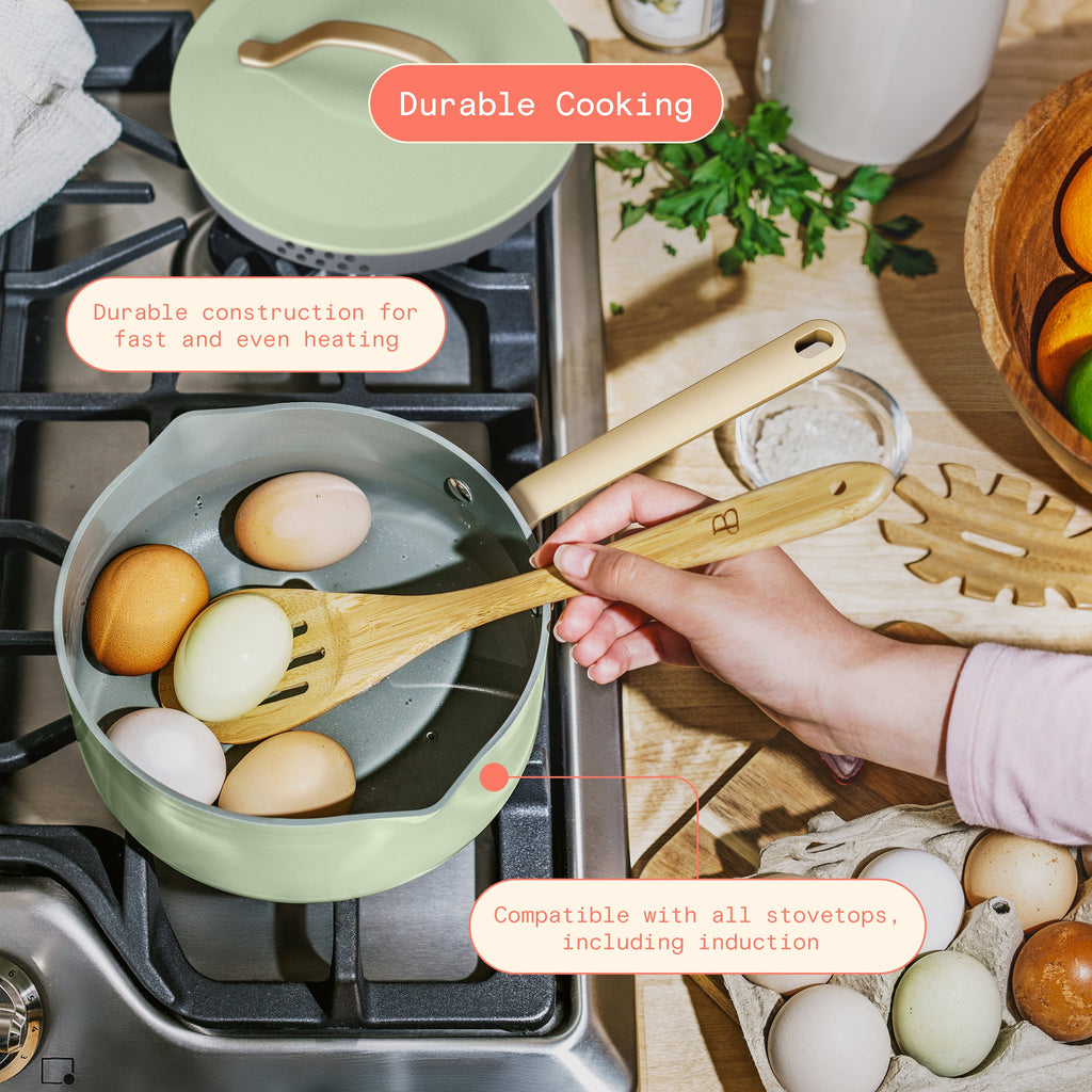 Beautiful 12pc Ceramic Non-Stick Cookware Set with Strainer Lids, White Icing by Drew Barrymore