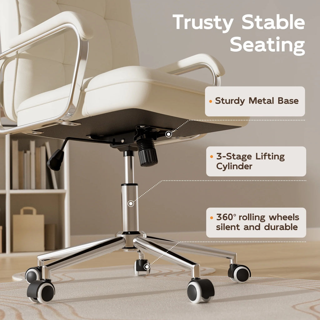 Solfway White Office Chair, Swivel Leather Computer Desk Chair with Wheels and Padded Arms, Executive Office Chair for Adults