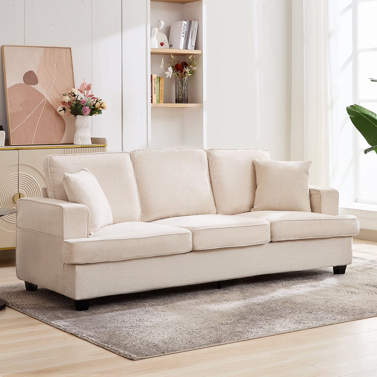 Korser 89" Chenille Sofa 3 Seater Couch with Extra Upholstered Deep Seats for Living Room,Removable Cover,Beige
