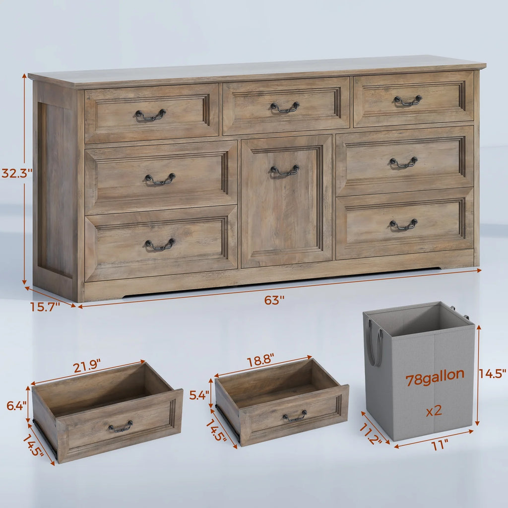 63" Wide Farmhouse 7-Drawer Dresser with 2 Laundry Hamper for Bedroom,Chest of Drawers, Gray Finish, Vintage Black Handles, Living Room Storage Cabinet,Gray