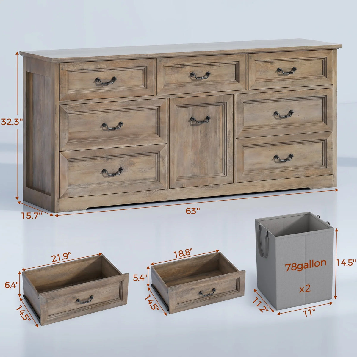 63" Wide Farmhouse 7-Drawer Dresser with 2 Laundry Hamper for Bedroom,Chest of Drawers, Gray Finish, Vintage Black Handles, Living Room Storage Cabinet,Gray