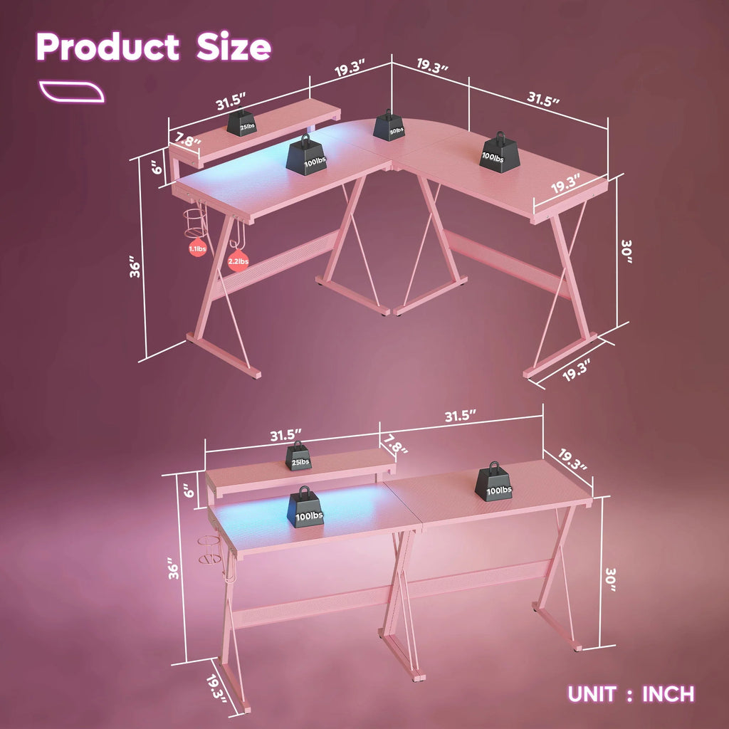 Bestier Pink Computer Desk with LED Light L-Shaped Desk Gaming Computer Desk with Monitor Stand