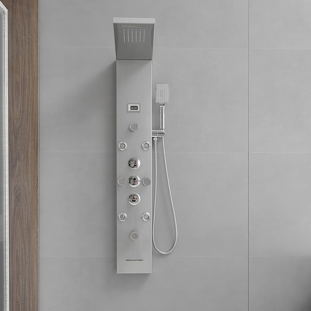 8-Jet Rainfall Shower Panel System with Rainfall Waterfall Shower Head and Shower Wand in chrome Nickel