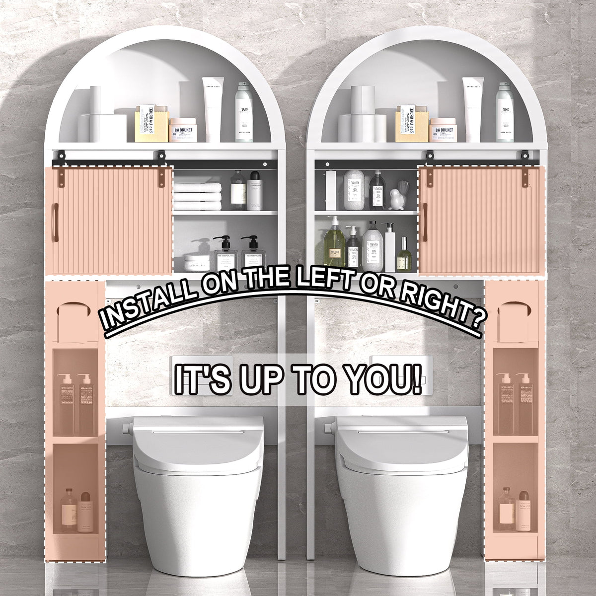 HARIPUL Over The Toilet Storage Cabinet w/ Unique Wood Grain & Arc Design, Freestanding Bathroom Shelf Organizer Space Saver w/ Doors & Anti-Tip Device, Wood Color