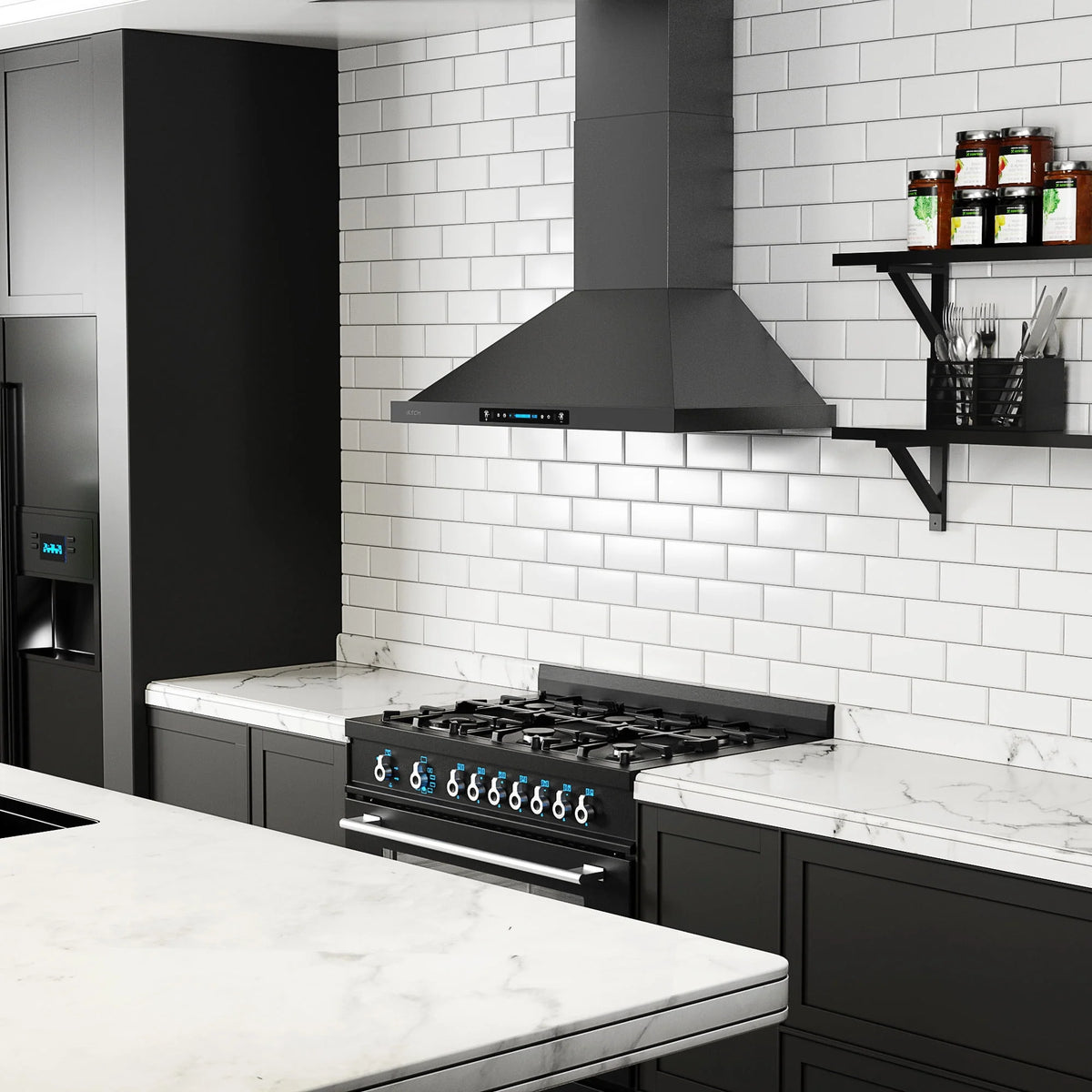 IKTCH 30 inch Black Wall Mount Range Hood, 900 CFM Ducted/Ductless Stainless Steel Vent Hood with Gesture Sensing & Touch Control Switch Panel, 2 Pcs Adjustable Lights(IKP02-30-BSS)