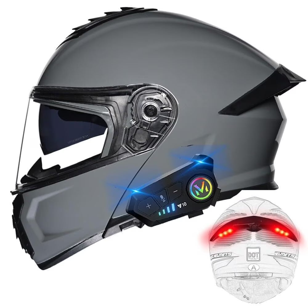 Bluetooth Modular Motorcycle Helmets with Tail Lights, DOT Approved Flip Up Full Face Dual Visor Motorcycle Helmet, with Dual Speakers and Microphone HA