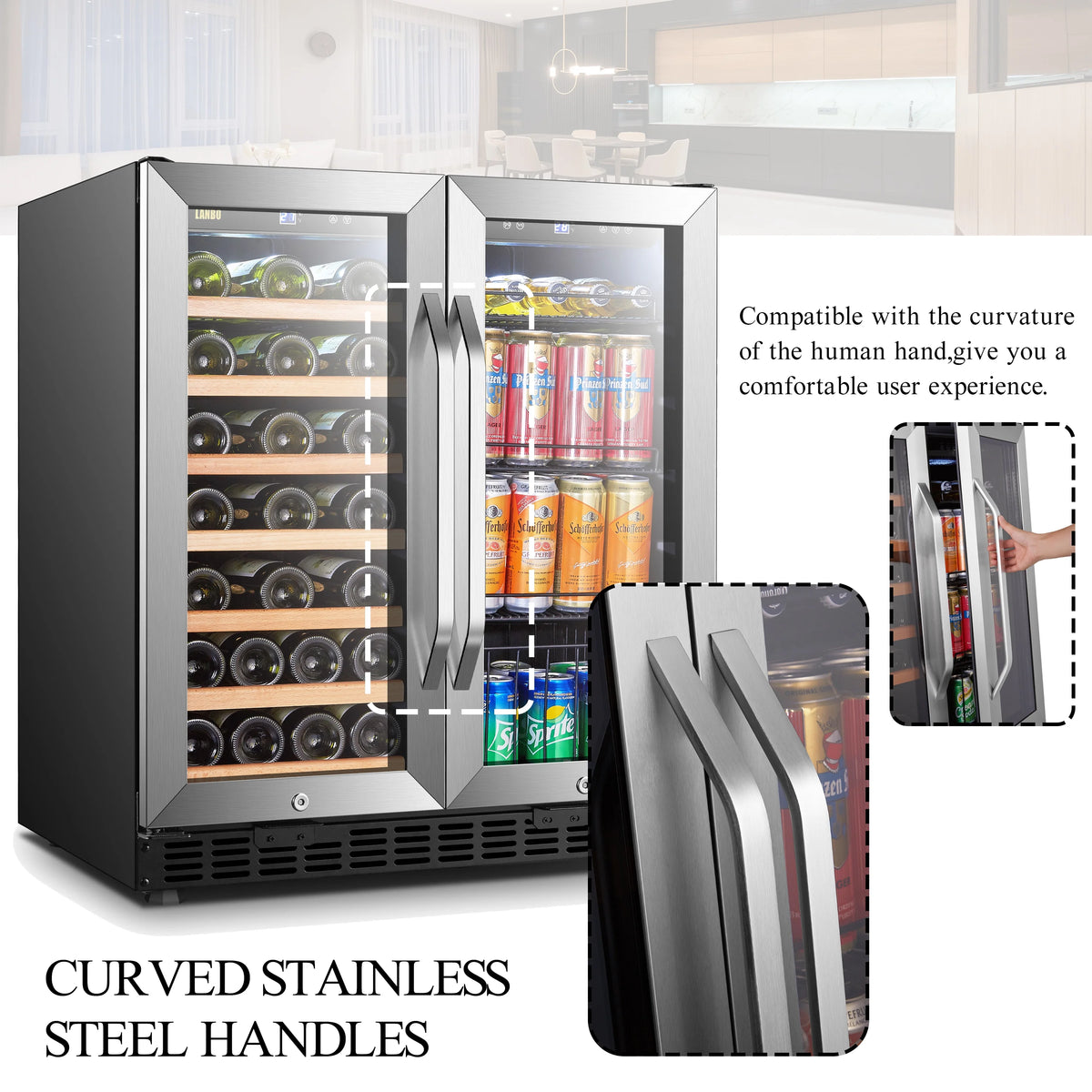 Lanbo 76 Can 31 Bottle Under Counter Dual Zone Wine Refrigerator and Beverage Cooler 30 inch Width