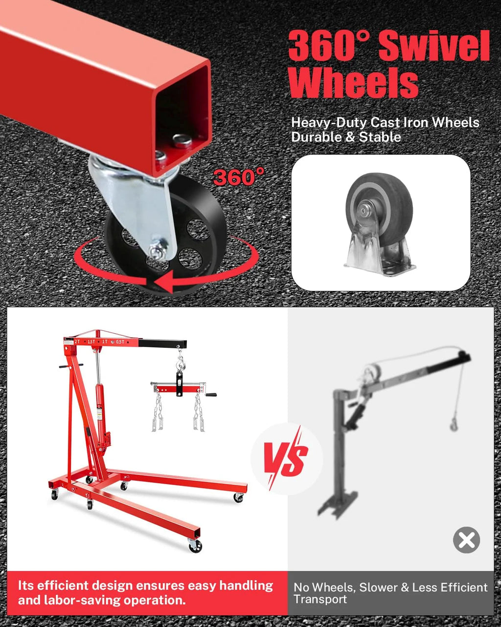 Garvee 2-Ton Shop Crane with Lever, Hydraulic Folding Engine Hoist w/6 Steel Casters - Lift Car Transmissions, Boat Motors, Farm Equipment