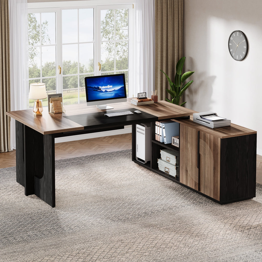 Tribesigns 74.8" Executive Desk, Large L Shaped Computer Desk Office Desk with Cabinet, White and Wood
