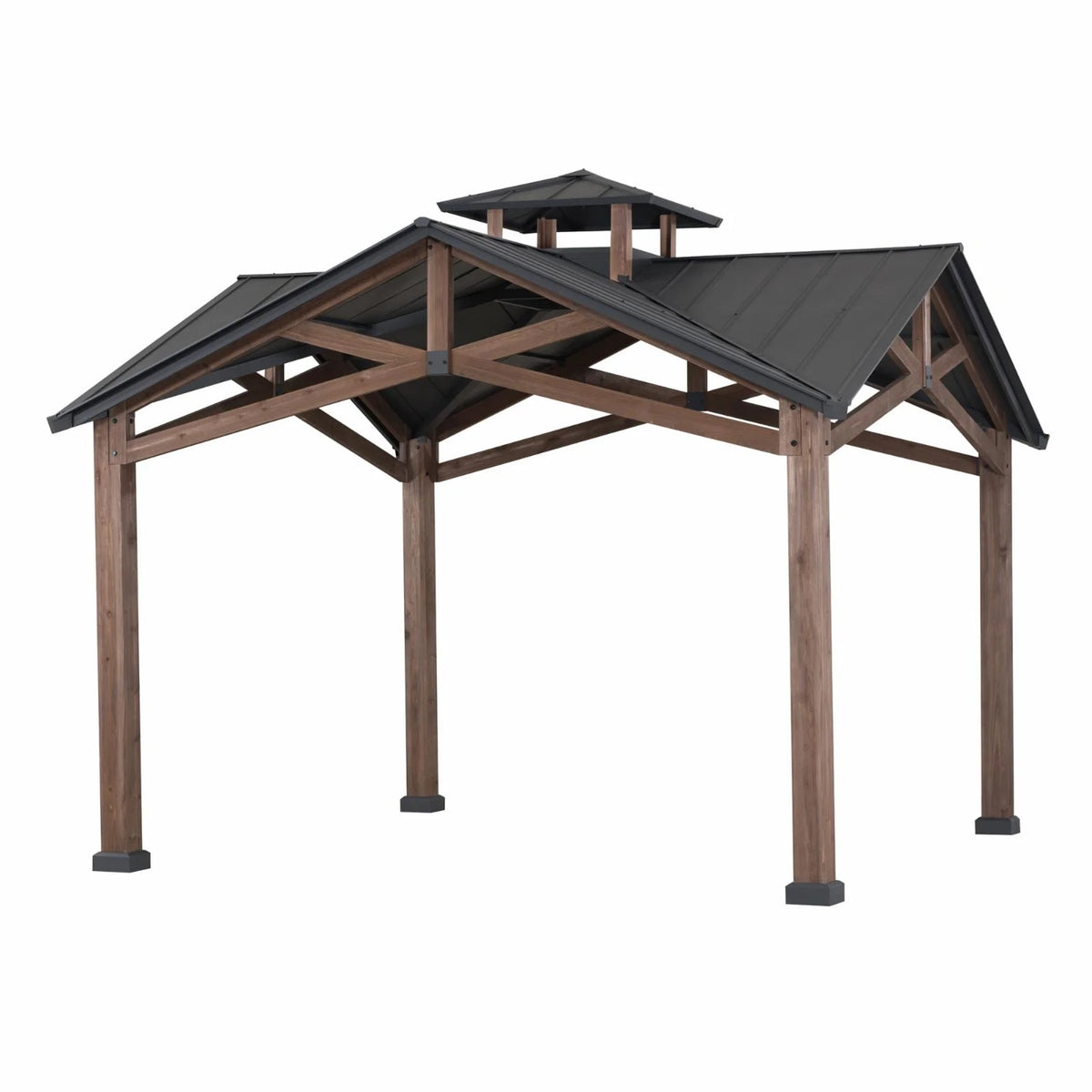 Sunjoy 12.5 x 12.5 ft. Hardtop Gazebo Outdoor Cedar Frame Wood Gazebo with Steel 2-Tier Hardtop Roof and Ceiling Hook