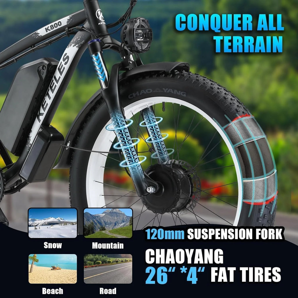 KETELES Electric Bike for Adults, Peak 4000W Dual Motor Ebike，26" Fat Tire Electric Mountain bike,  48V 23AH Removable Battery UL 2849.