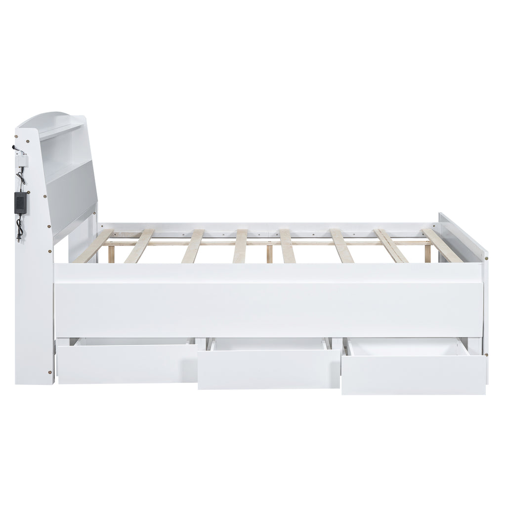Euroco Wood Twin Size Platform Bed with Storage Headboard, Drawers Trundle and LED Light, White