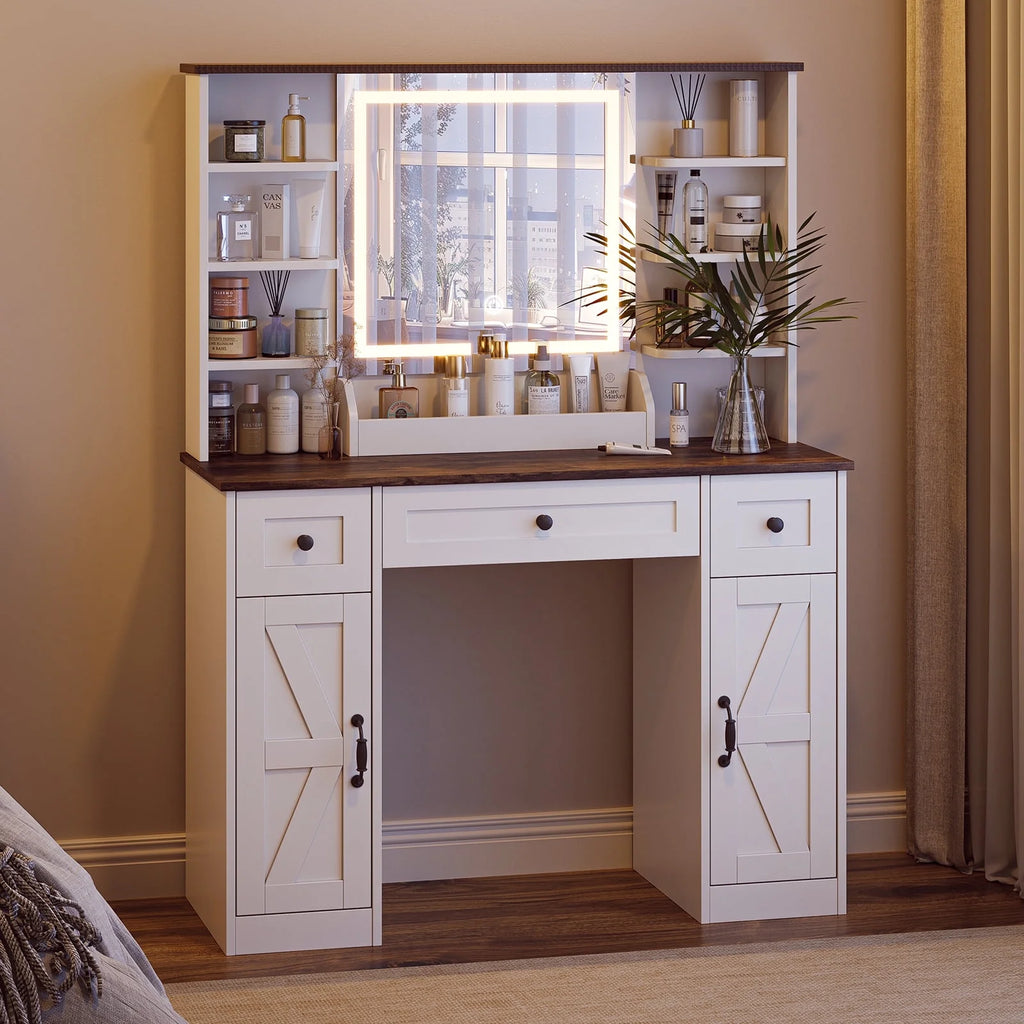 Vanity Desk with Chair, White Makeup Desk Set with Mirror & LED Lights, Vanity Table with Power Strip, 2 Drawers, 4 Shelves