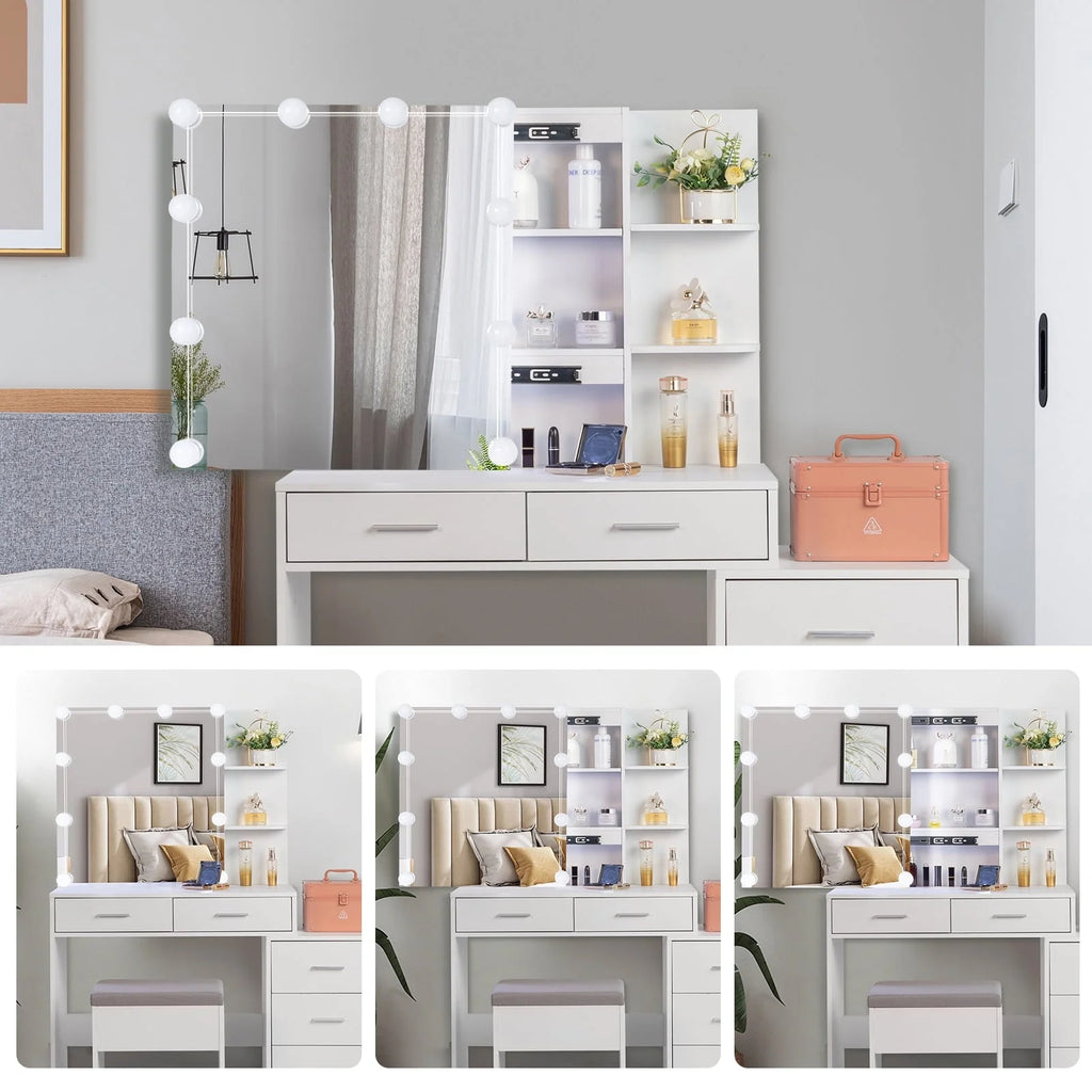 Ktaxon Lighted Makeup Vanity Table Set, Dressing Table with Sliding Mirror, Vanity Desk , White