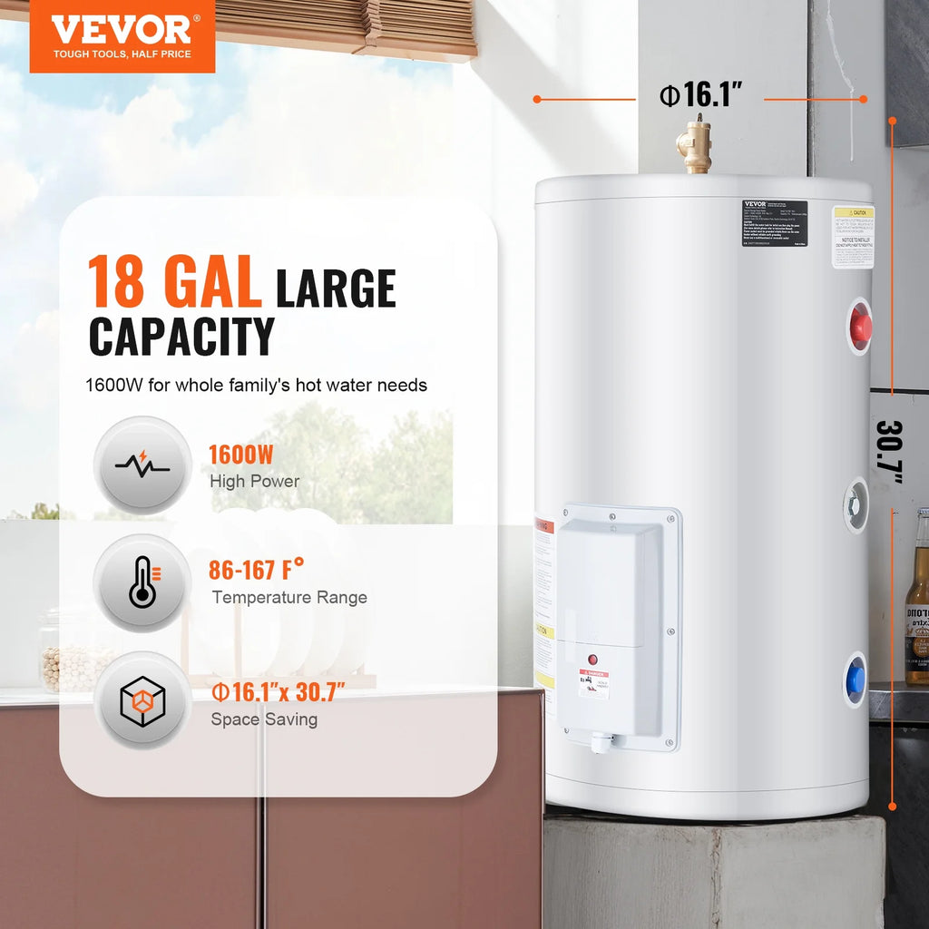 VEVOR Electric Water Heater, 18 Gallon Tank Instant Hot Water Heater, 1.6Kw Tankless Water Heater w/ LED Display,Knob Control, IPX4 Waterproof Side Connection On Demand Heaters for Shower, Bath