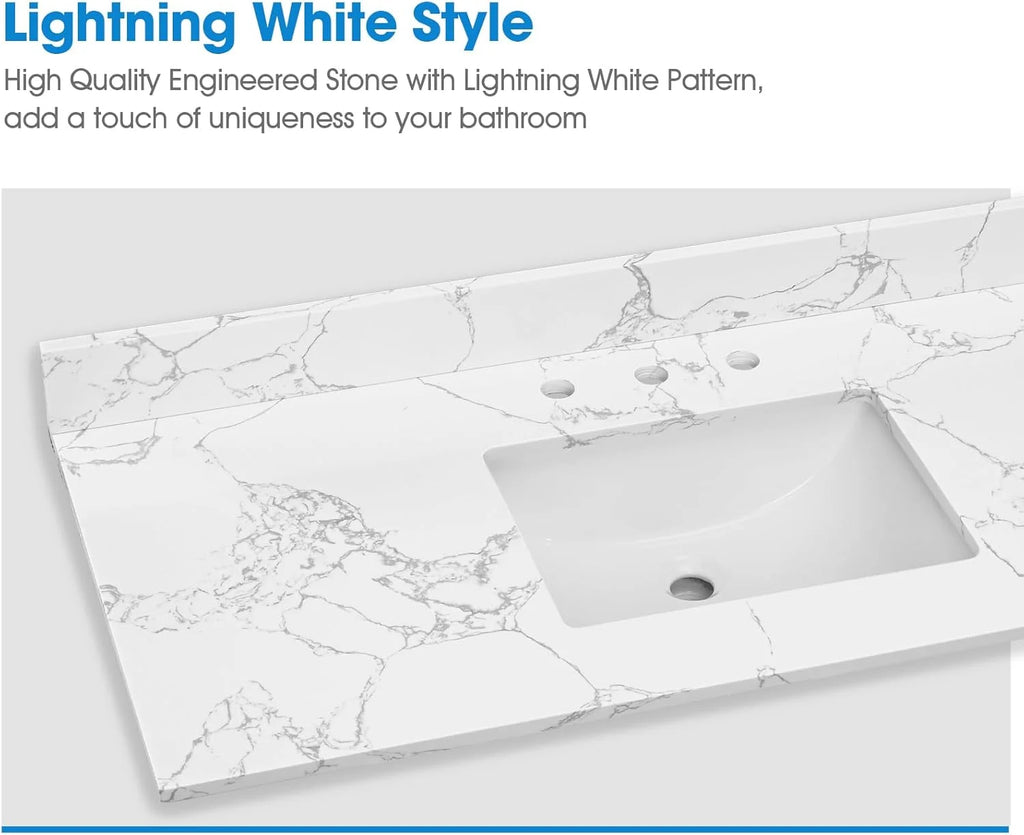 36x22 Engineered Stone Vanity Sink Top, White Bathroom Countertop with Undermount Left Sink, Vanity Top with 8 inch 3 Faucet Hole Spacing and Backsplash