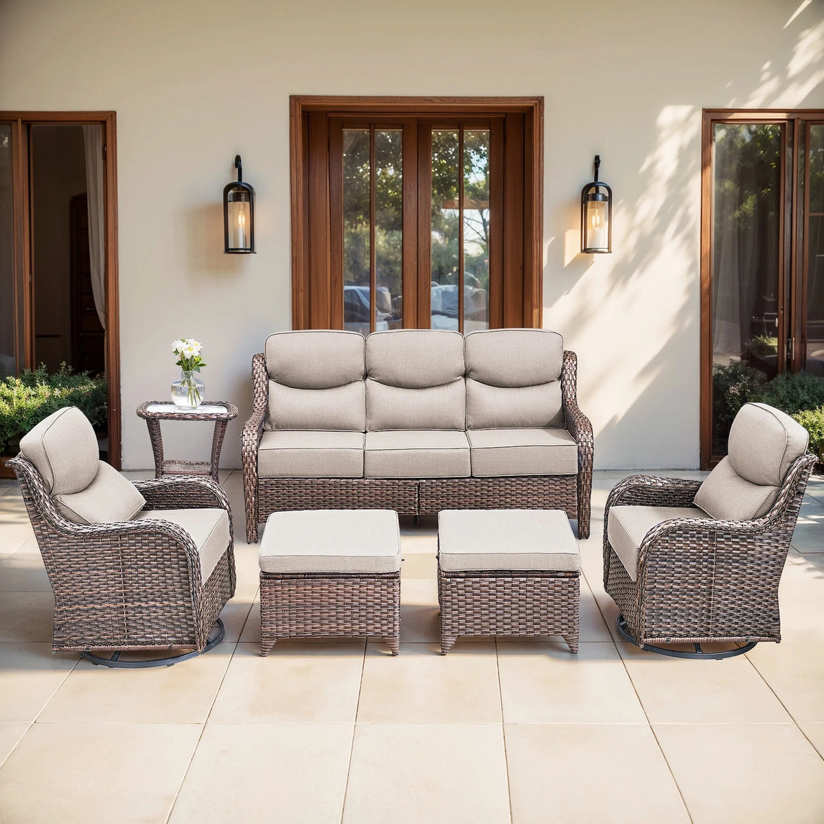 Bellefurn Luxury Outdoor Patio Furniture Set,Swivel Rocker Patio Chairs with 6-inch Thick Cushion,Patio Sofa and Glass Coffee Table,Outdoor Conversation Set for Porch, Deck, Yard