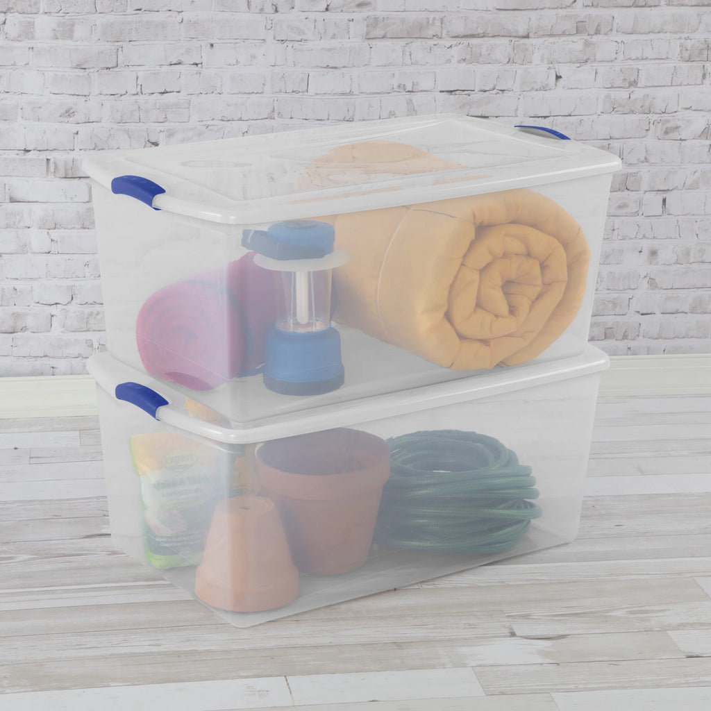 Sterilite 105 Quart Latch Box, Clear Plastic Storage Bin with Clear Lid, Blue, 4 Count