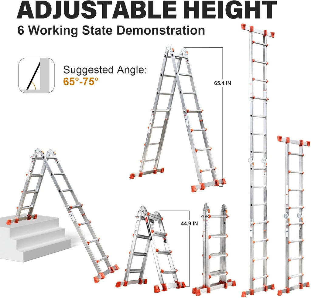 HBTower Ladder, A Frame 4 Step Extension Ladder, 14 Ft Multi Position Ladder with Removable Tool Tray and Stabilizer Bar, 330 lbs Capacity Telescoping Ladder for Household and Outdoor Work