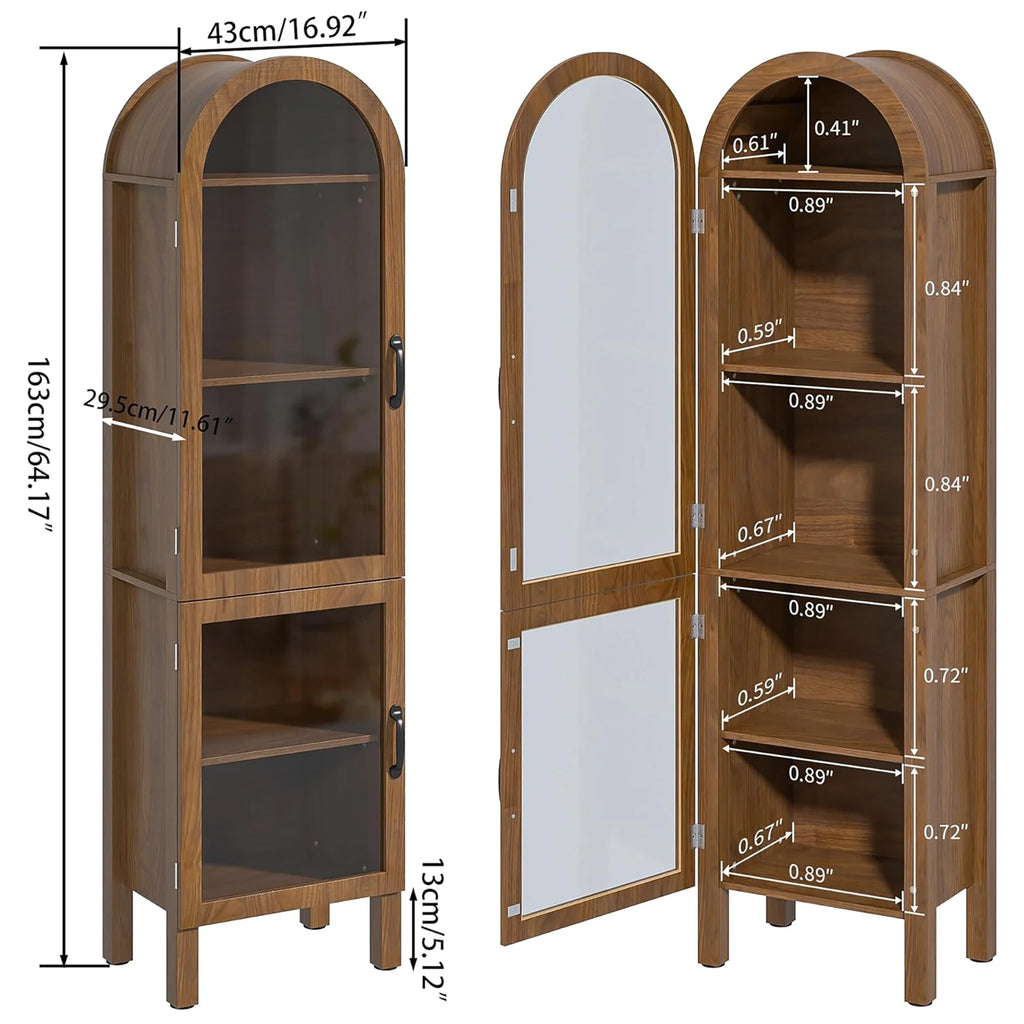 Tall Arched Storage Display Cabinet 5-Shelf with Acrylic Glass Doors, Kitchen Pantry Storage Cabinet Accent Cabinet Bookcase for Living Dining Room